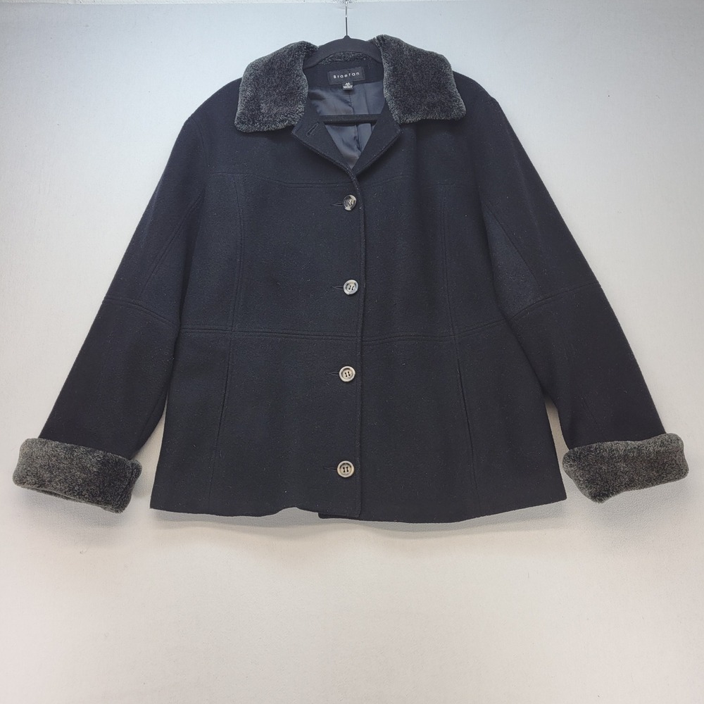 Braetan Pea Coat Womens Medium Blue Faux Fur Trim Wool Blend Button Up Jacket